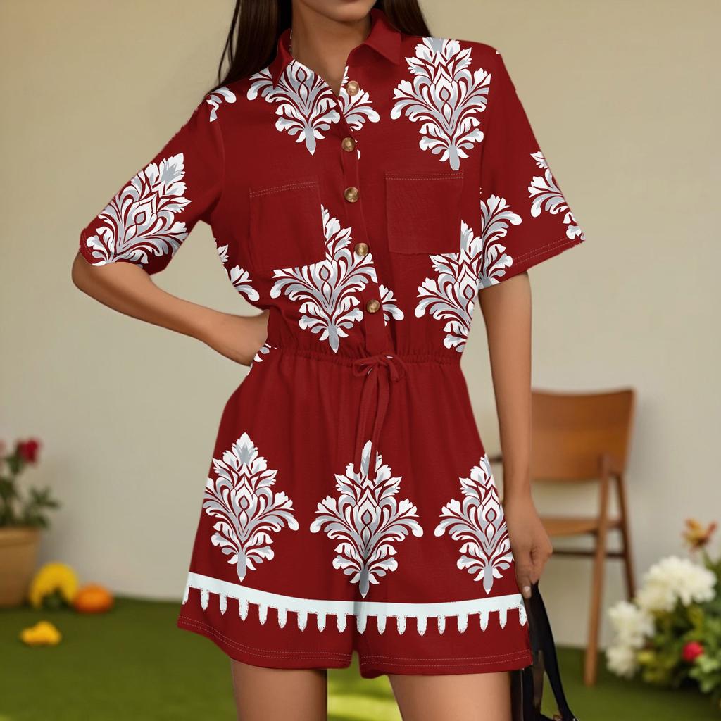 Women's Fashion V-neck Jumpsuit Plaid Casual Short Sleeve Top Jumpsuit