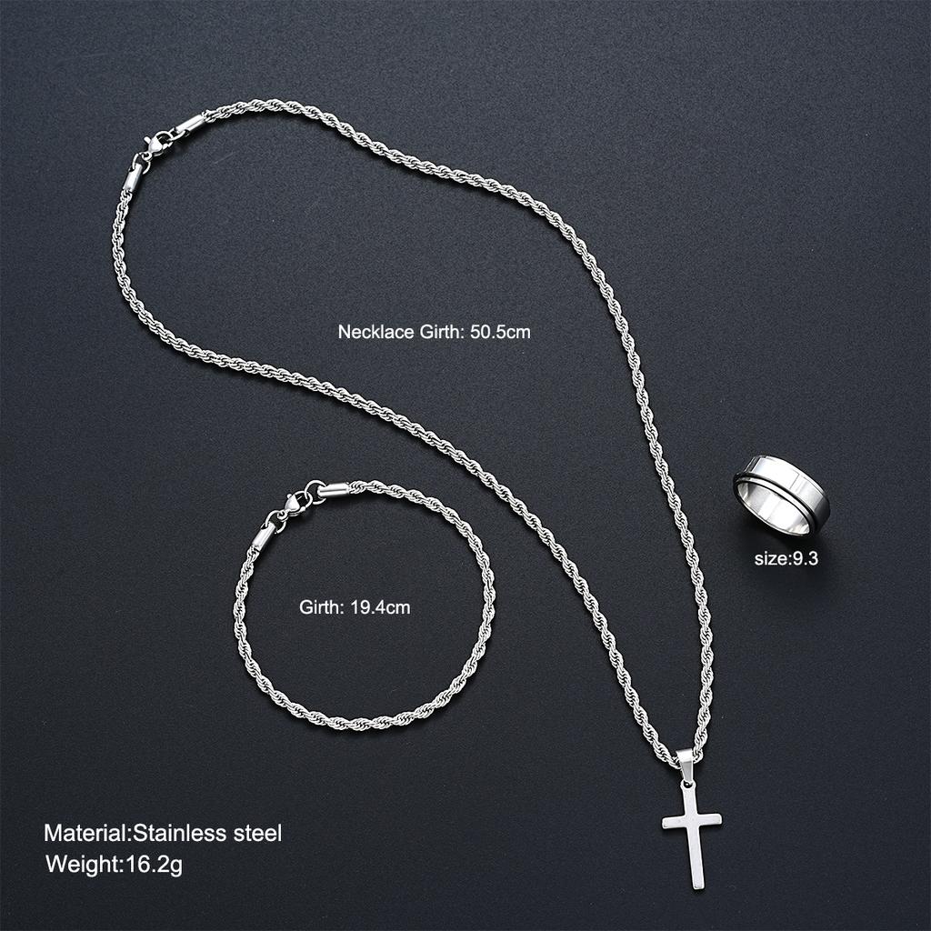 Stainless Steel Simple Jewelry Set For Men Women Fashion Silver Color Cross Pendant Twisted Rope Necklace Bracelets Ring Gifts
