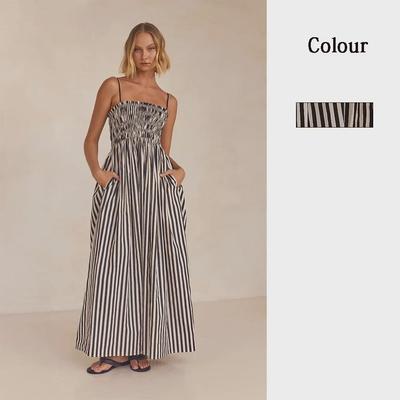 Robe à Bretelles Rayée Élastique Swing à Poches - Style Sexy Européen & Américain pour Printemps/Été