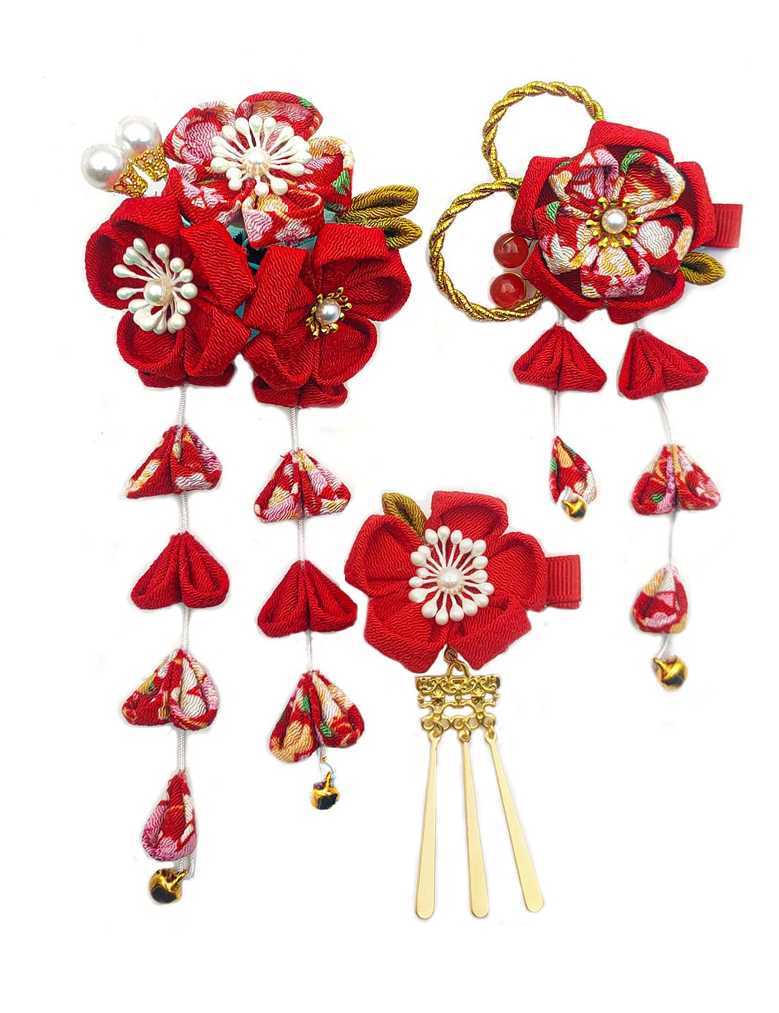 

JZOON Handmade Red Hair Ornament with Perfect for and other Japanese and Weddings Tsumami-zaiku Bells, Shichi-Go-San, Coming-of-Age Ceremonies,