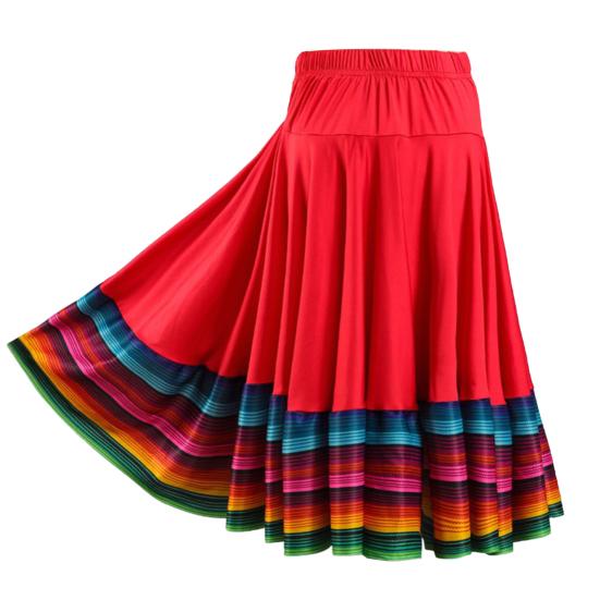 Midi Skirt Ladies Folk Dance Skirt Elastic High Waist Spanish Swing Skirt Rainbow Large Swing Hem Mexican Flamenco Performance Skirt