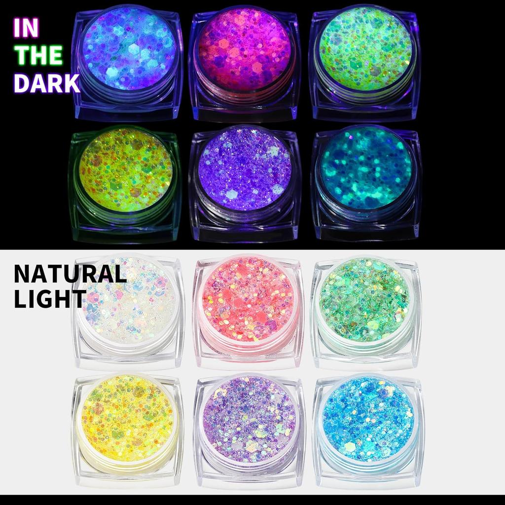 6 Colors Glow In The Dark Glitter Gel Face Glitter Gel Body Glitter Hair Glitter For Carnival Makeup Uv Black Light Party Cheer Raves Festivals