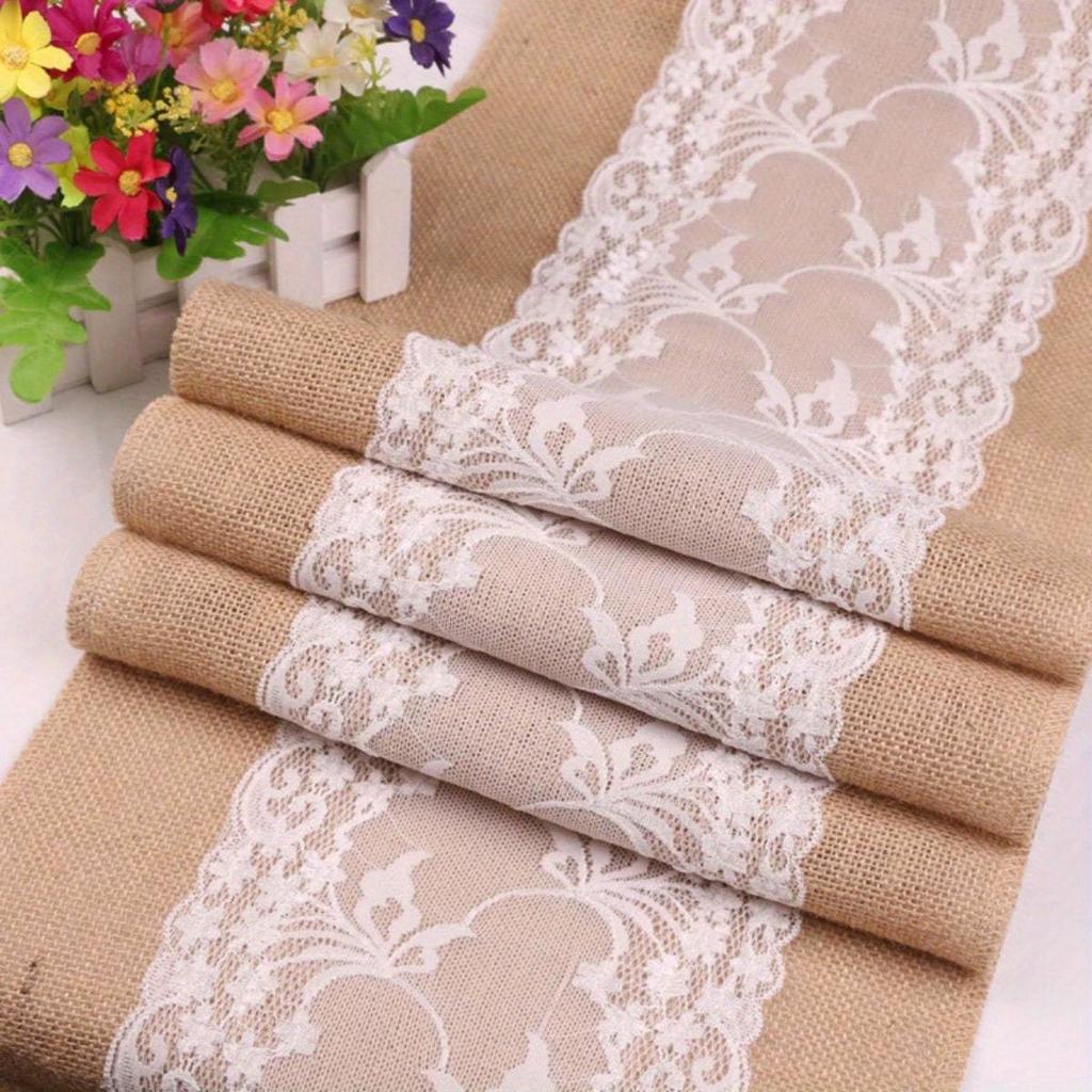 1pc Natural Jute Burlap Lace Table Runner, 12 X 108 Inch Rustic Table Runner for Country Thanksgiving Christmas Baby Wedding Party Table Decor