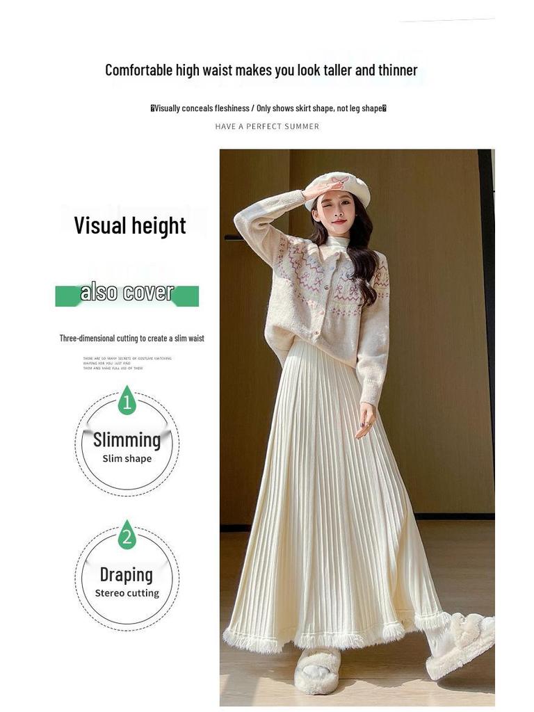 Autumn/Winter 2025 Women's High Waist Knit Pleated A-line Skirt with Tassels