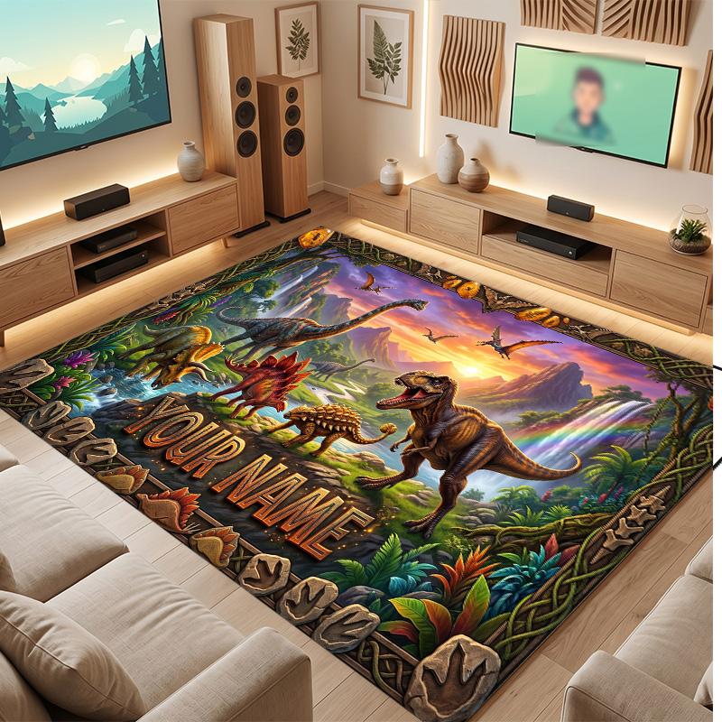 Dinosaur Theme Soft Crystal Velvet Rug Custom Name & Text Print Non Slip Floor Rug for Bedroom Living Room