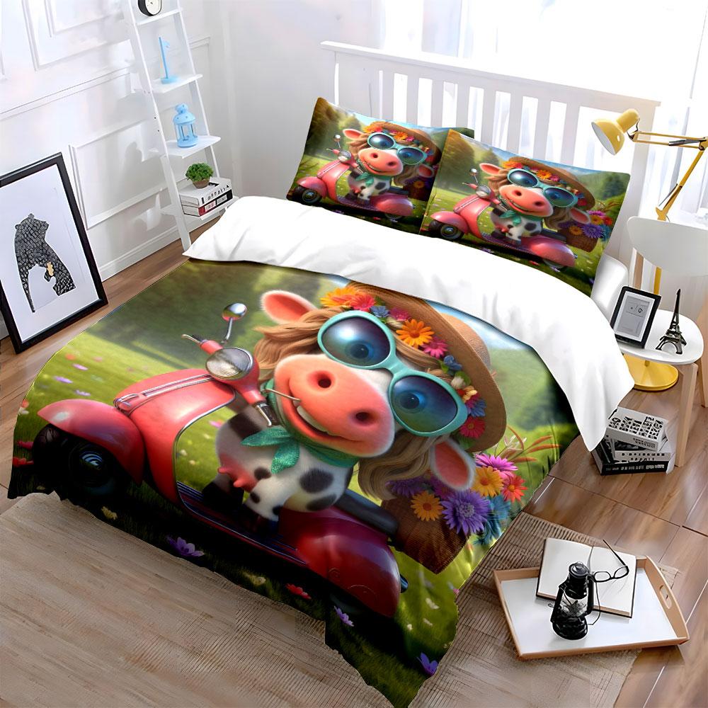 Cow Riding Pink Scooter. Print Bedding Set 1 Duvet Cover 2 Pillowcases For Adult And Children Luxury Gift Full Size