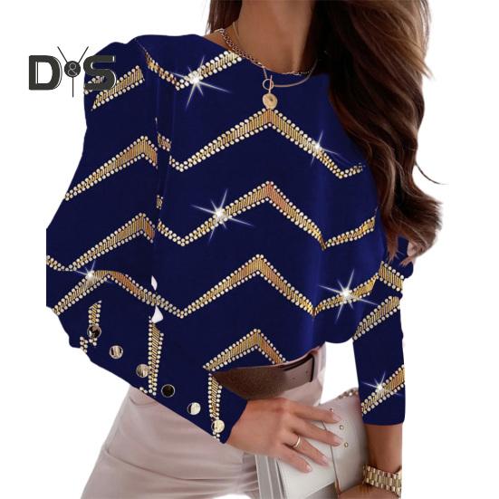 

Жіноча блуза з принтом осінь-зима з круглим вирізом і довгими рукавами, застібками на ґудзиках, топи вільного крою, офісні жіночі сорочки, повсякденні топи 2XL синій