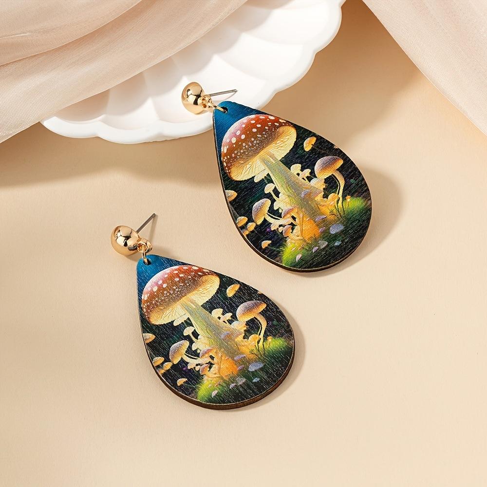 Pendientes Pintados Fashion Dream Hongo Lindo Árbol de la Vida Arco Iris Pendientes con Textura de Madera Versátiles para Damas