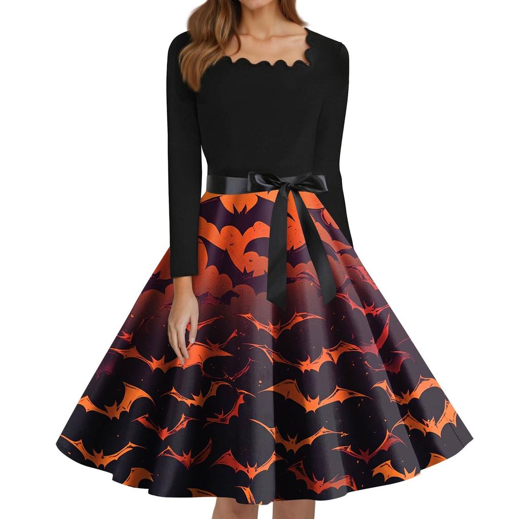 Women's Fashion Square Neck Casual Slim Halloween Printed Long Sleeve Dresses