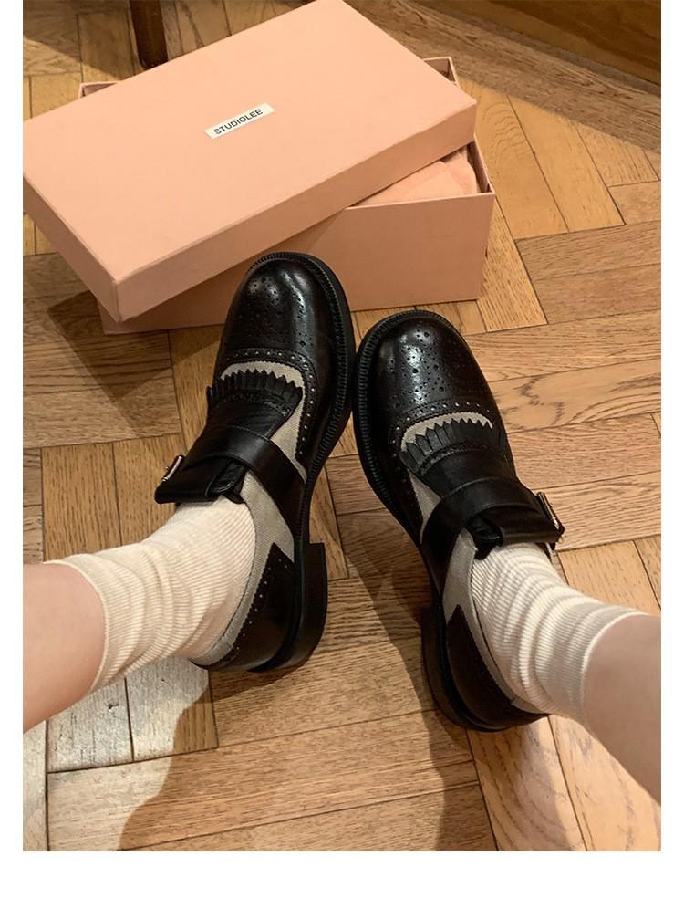 

Cowhide Su Yinyin of the same style~ Heavy retro horse leather engraved block shoes thick heel small leather shoes women s loafers 34