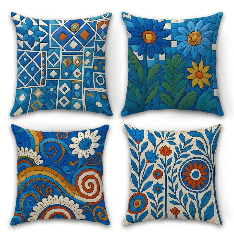 4Pcs Blue Geometric Pattern Digital Printing Pillow Cover Short Plush Suitable Living Rooms Bedrooms Sofas Throw Cushion Cover