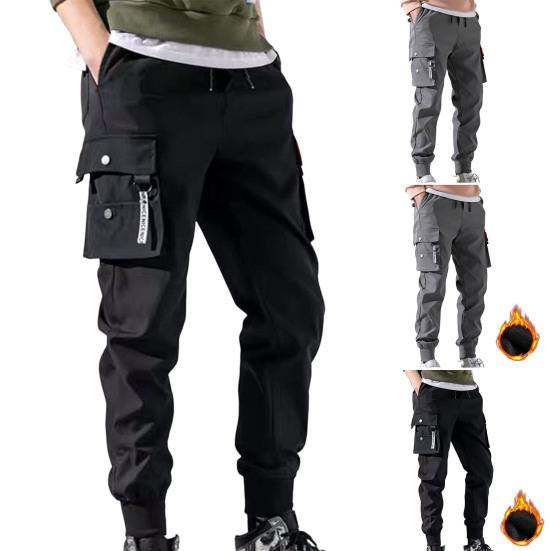 Men Pants Plush Lining Solid Color Elastic Waist Warm Multiple Pockets Cargo Pants for Daily Wear
