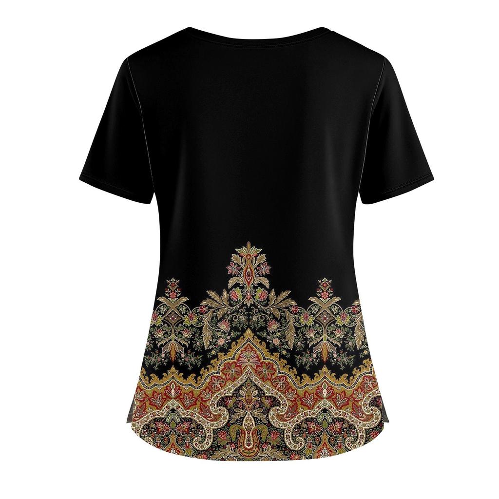 Women's Fashionable Printed V Neck Double Pocket Short Sleeved Shirt With Slit Hem Uniform And Worker Top