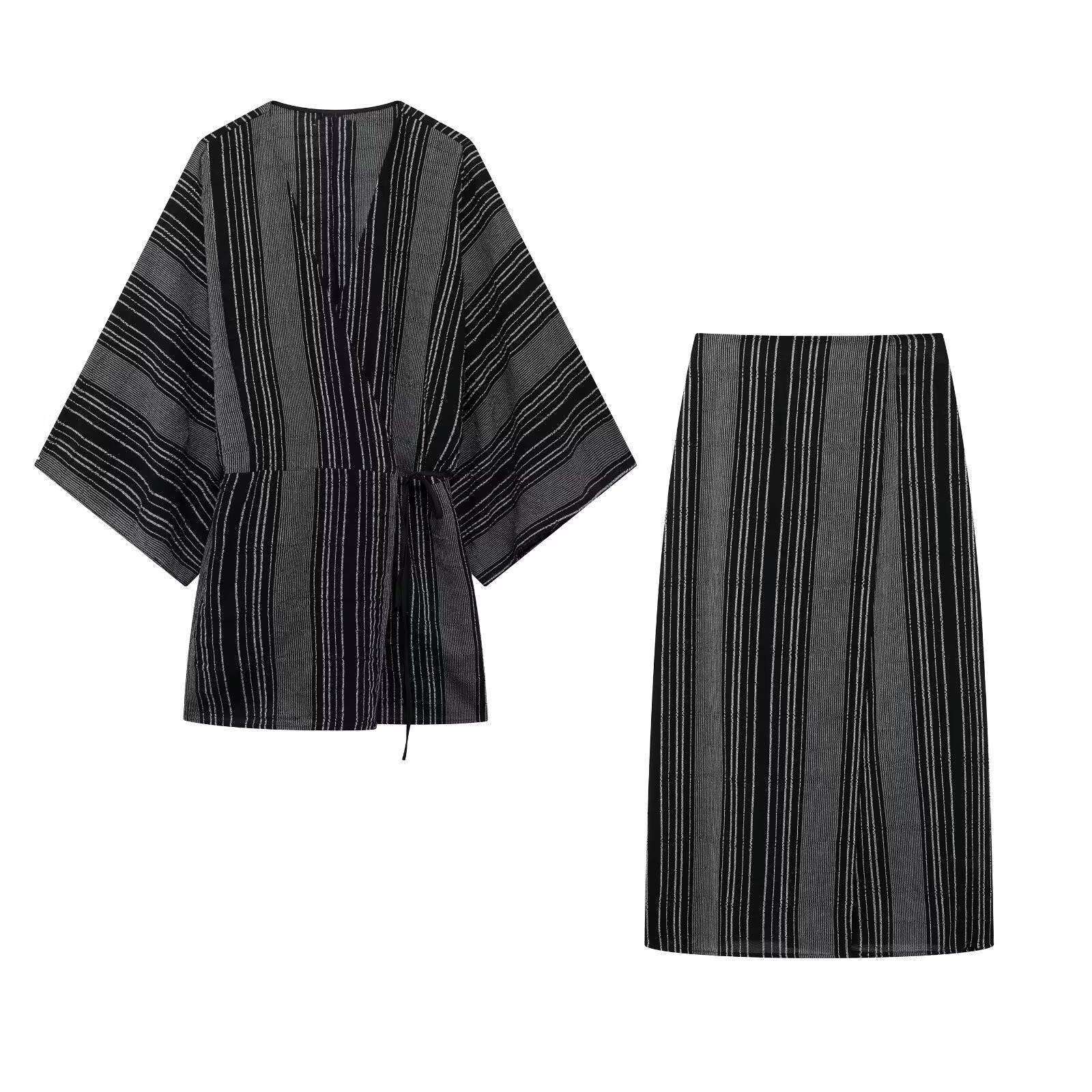 

Spring 2025 Women s Striped Embroidered V-Neck Shirt-Style Jacket and Skirt Set Large