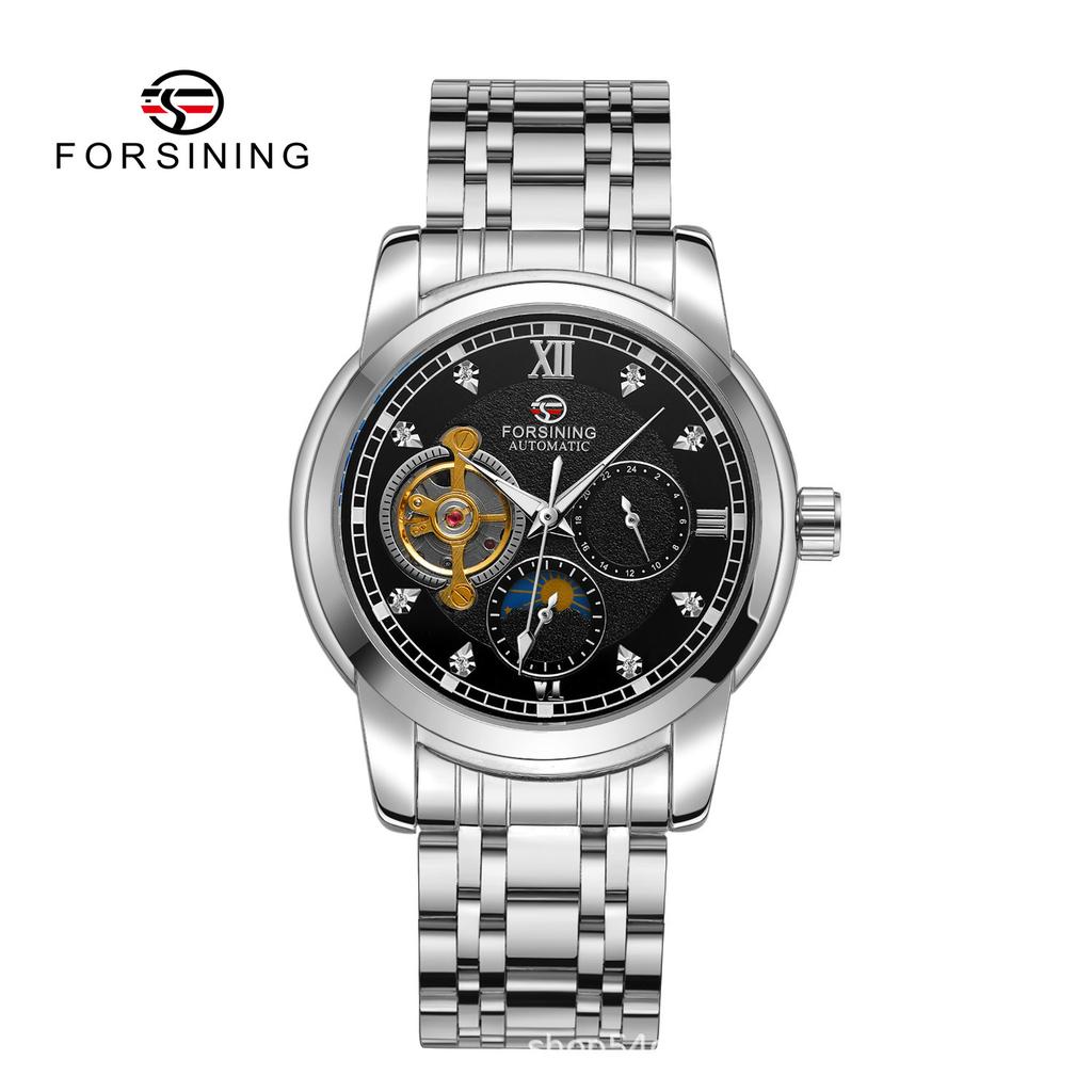 Forsining Men'S Tourbillon Automatic Mechanical Watch Hand Luminous Moon Phase Steel Belt Watch