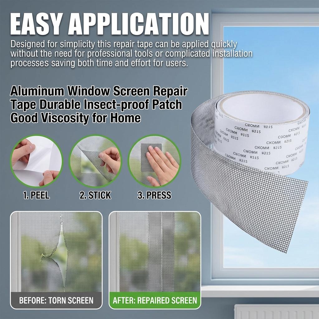 Aluminum Screen Repair Tape 2M x 5CM Mosquito Proof Patch Tear Resistant Material Easy Install for Home Office Window Fix