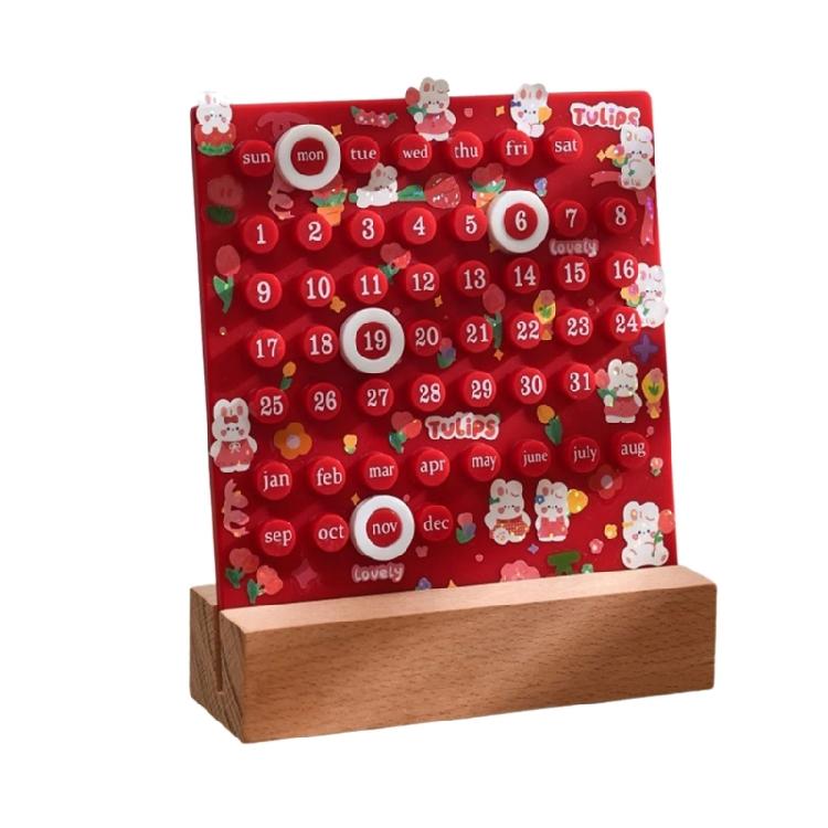 

Desktop Permanent Calendar with Wood Stand ABS Permanent Countdown Calendar with 3 Rings for Office Desk Date Reminder красный