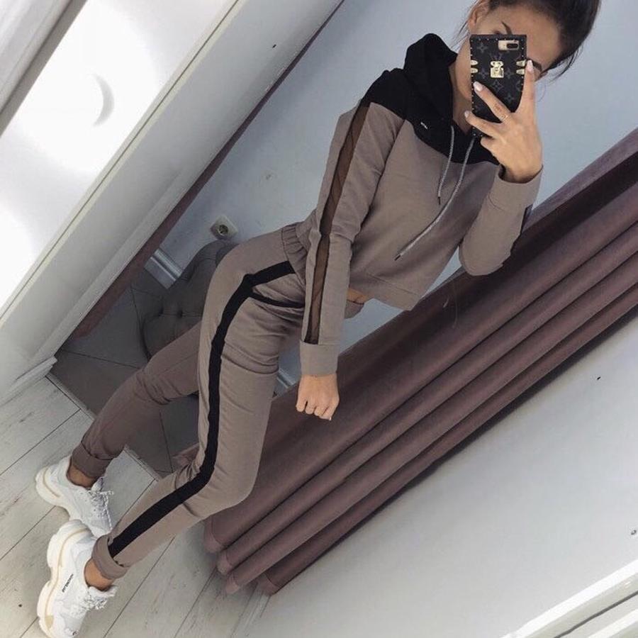 Hot Selling Autumn Women's Sweatshirt Set Mesh Patchwork Two Piece Outfit