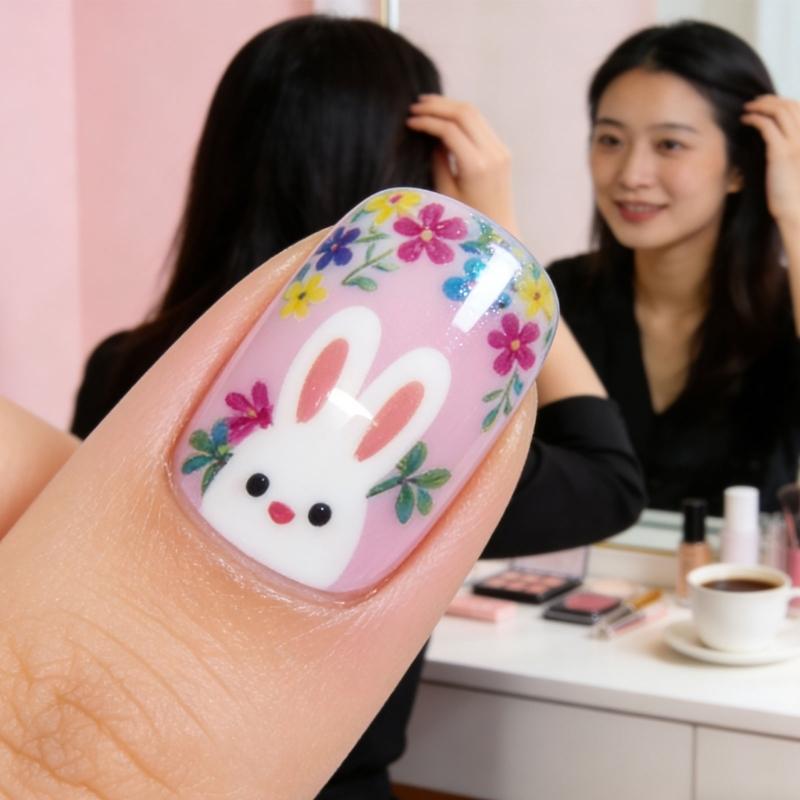 ABS Material Short Square Artificial Nail Featuring Rabbit Patterns And Floral Art For Festive Occasions