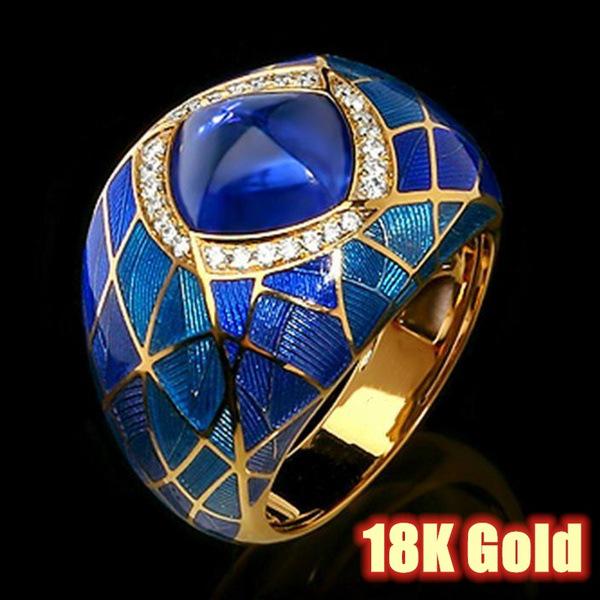 European & American Fashion Blue Gemstone Zircon Diamond Ring with Retro Oil Drop Design