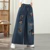 Plus Size Vintage Embroidery High Waist Casual Loose Women Spring Summer Autumn Jeans Denim Wide Leg Pants