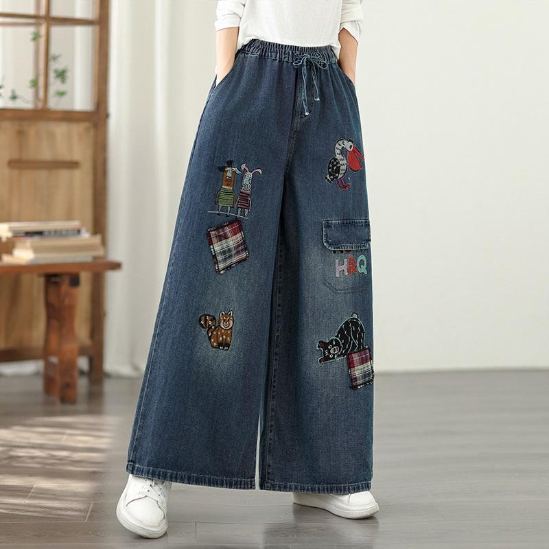 Plus Size Vintage Embroidery High Waist Casual Loose Women Spring Summer Autumn Jeans Denim Wide Leg Pants