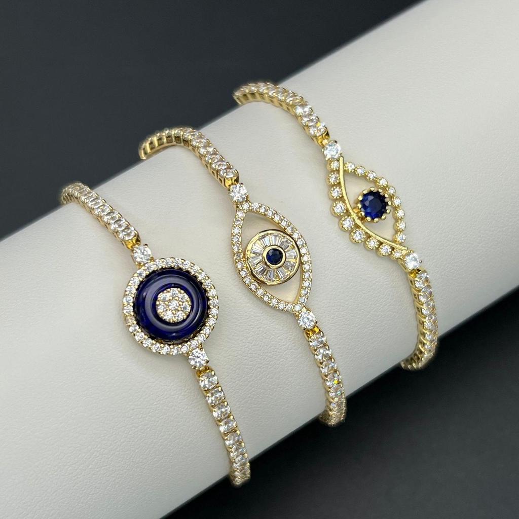 Dámský modrý náramek Hip Hop s čirými zirkony a symbolem zlého oka - Elegantní diamantové šperky