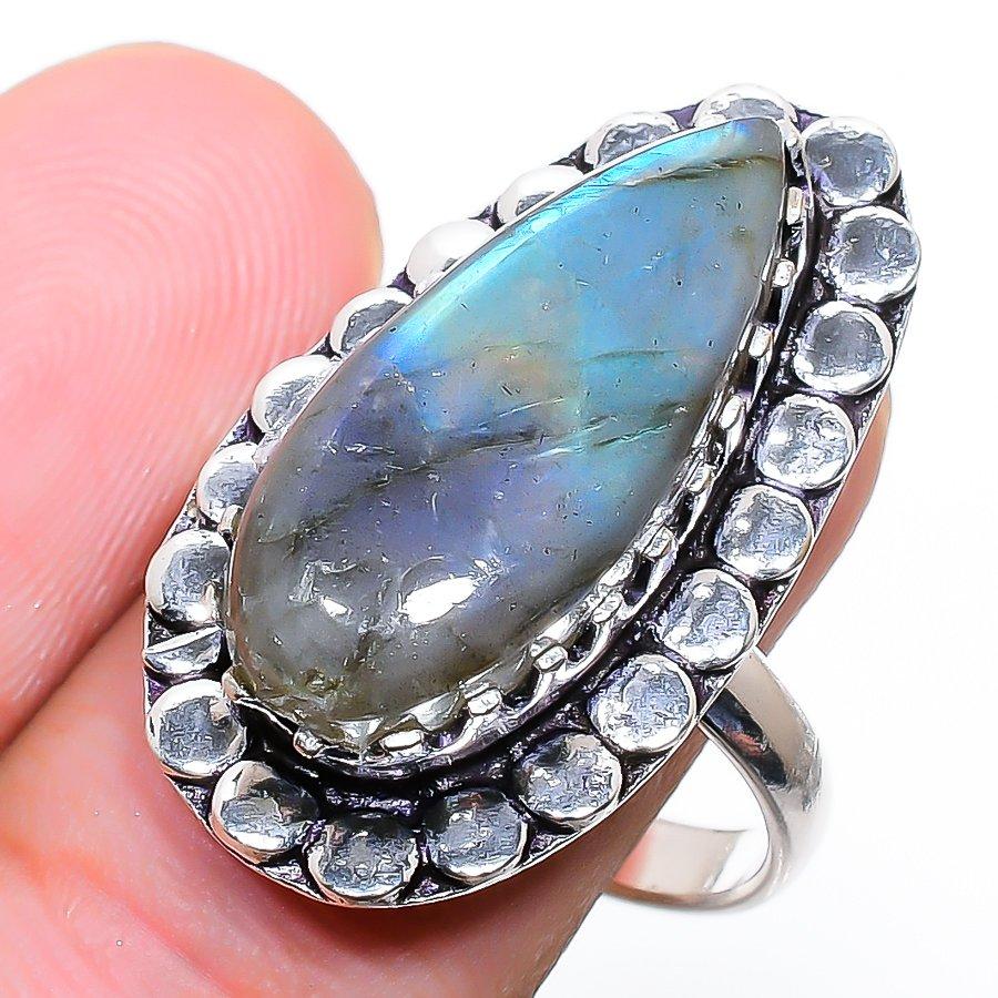 Labradorite Gemstone Handmade 925 Sterling Silver Jewelry Ring Size 7.5