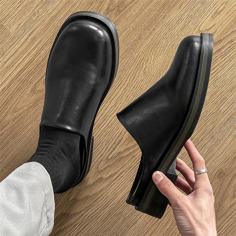 Men's Black Leather Mule Shoes with 4CM Hidden Elevator Insole | Thick Sole Height Increasing Slip-Ons | Breathable Casual Dress