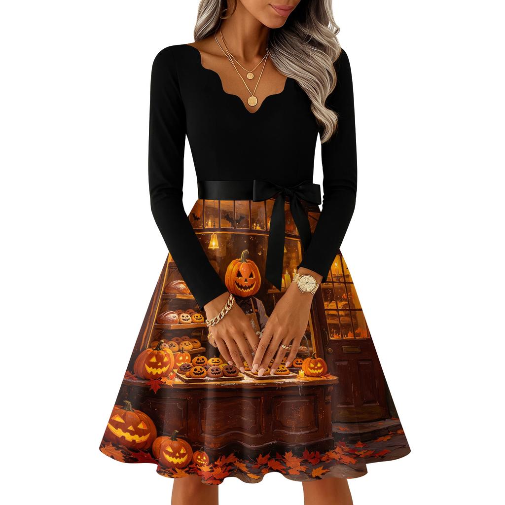 Women's Vintage V-Neck Long Sleeve Casual Halloween Print Dress