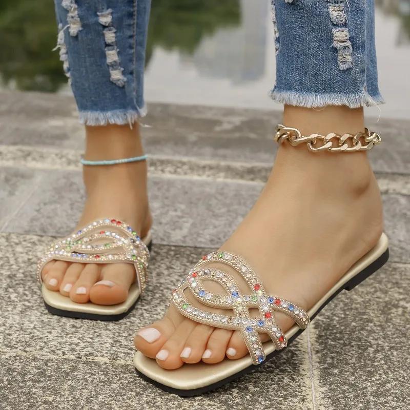 New 2025 Summer Flat Heel Rhinestone Ladies Shoes Women Rhinestones Sandals High Quality Outdoor Beach Slides Slippers