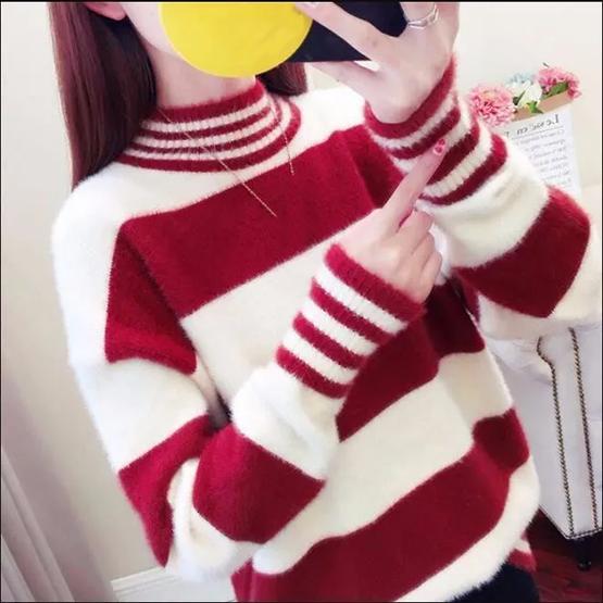 WTEMPO Autumn Winter Imitation Mink Half High Collar Thick Warm Pullover Sweaters Women Large Size Versatile Stretchy Striped Sweaters