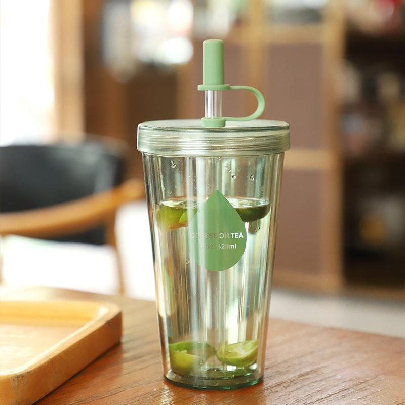 Double Layer Straw Milk Tea Cup With Lid Portable Water Mug Fruit Tea Cup Small Creative Plastic Cup For Summer Gift Water Cup