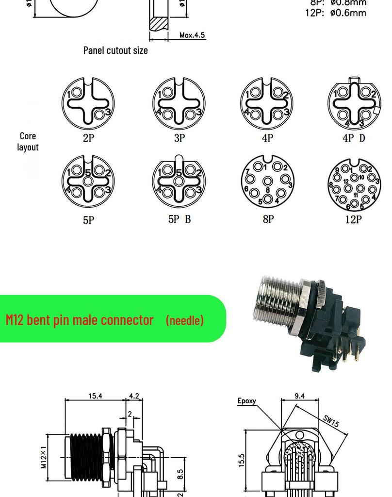 M12 Aviation Waterproof Gold-Plated Bent Pin PCB Solder Connector: Male/Female Socket, 2/3/4/5/8 Pin.