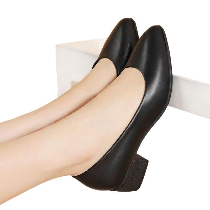 2025 new black real soft leather single shoes for women with soft soles, not tired feet, professional medium heel high heels, thick heel work shoes