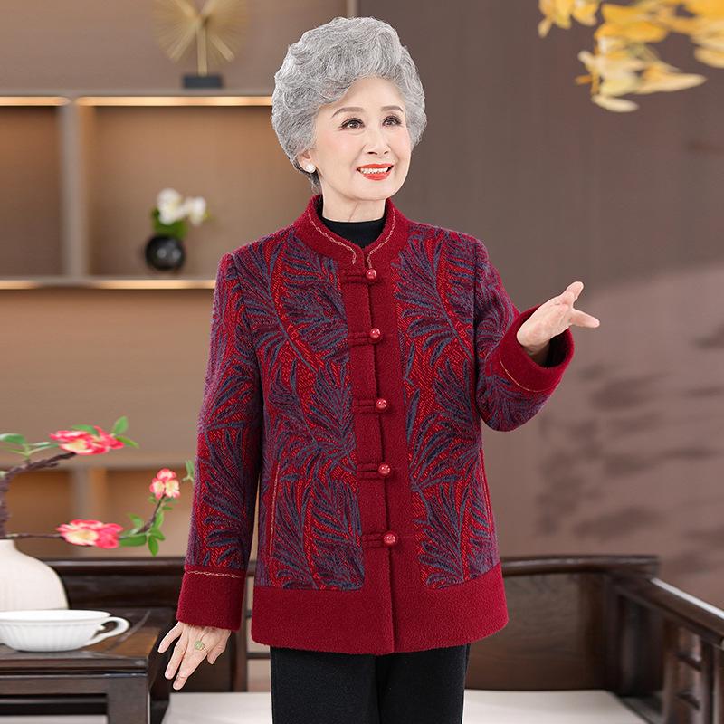 Women's Plus Velvet Woolen Coat for 60s-70s, Mid-aged and Elderly Autumn/Winter Fashion Overcoat