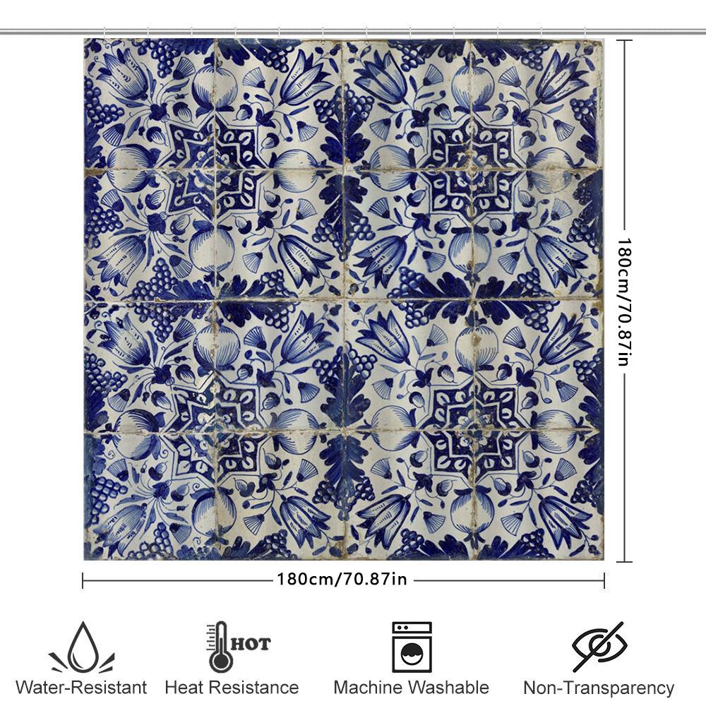 Vintage Blue White Floral Shower Curtain Polyester Fabric Waterproof Bathroom Decor Home Kitchen Decoration