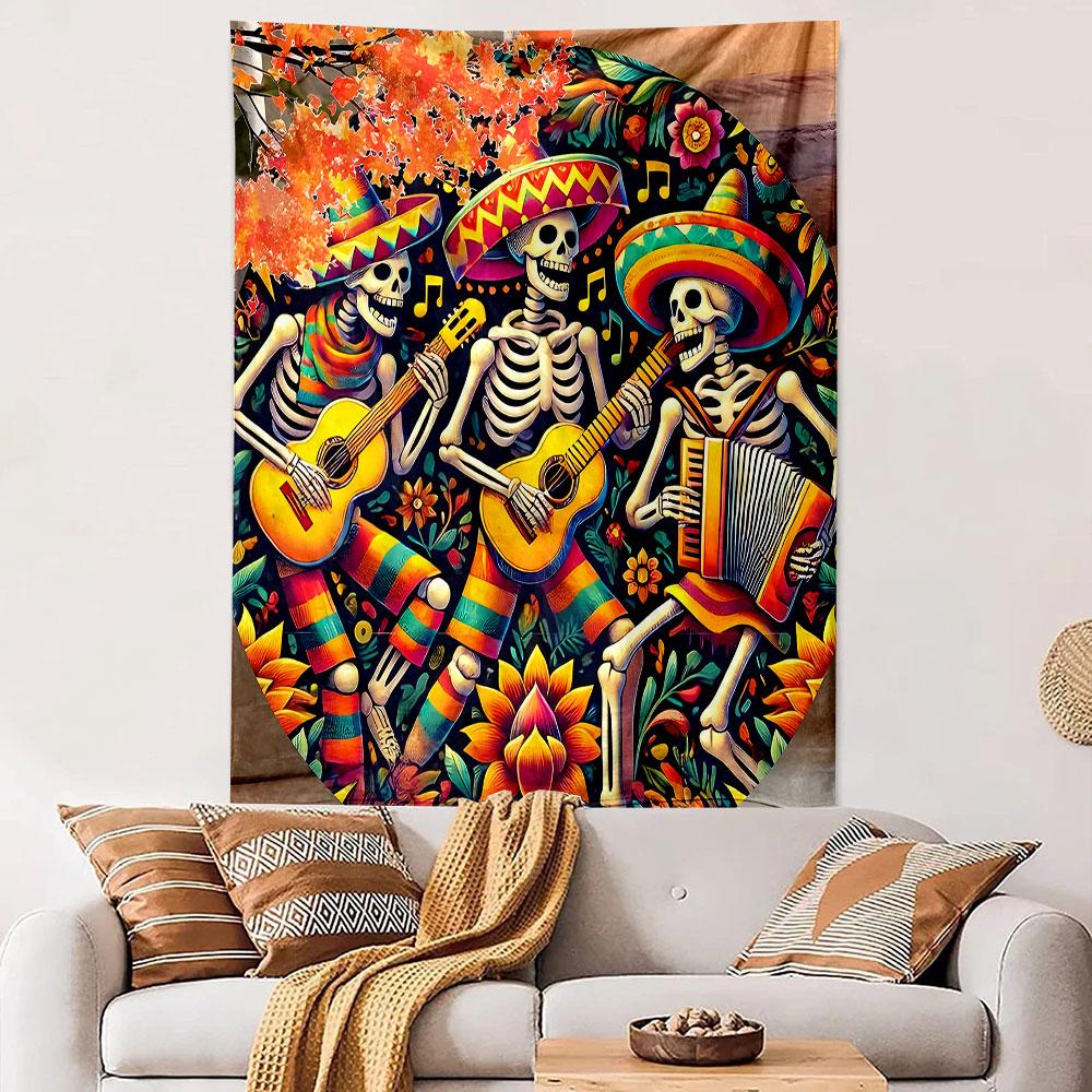 Colorful Day of the Dead Skeleton Band Patterned Tapestry Decorative Wall Hanging, Home Bedroom Living Room Decor