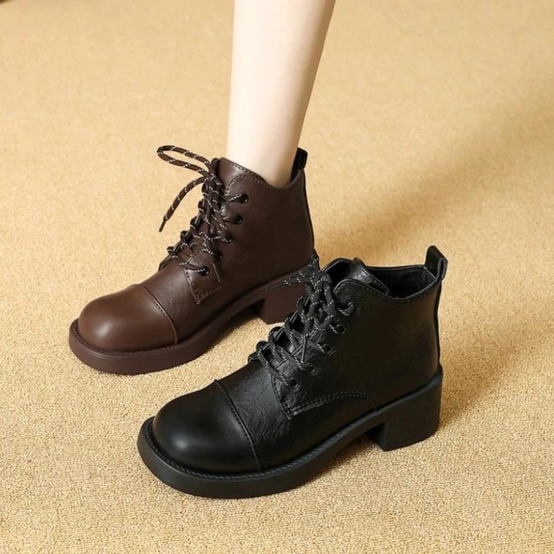 Dámské kotníkové boty na středním podpatku se šněrováním Zimní Módní Elegantní Ležérní Obuv Klasické Nové Trendy Krátké Boty Šaty