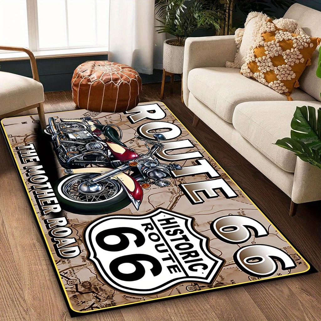 Vintage Route 66 Motorcycle Rug - Washable Non-Slip Polyester Mat for Living Room/Office, Biker Gift