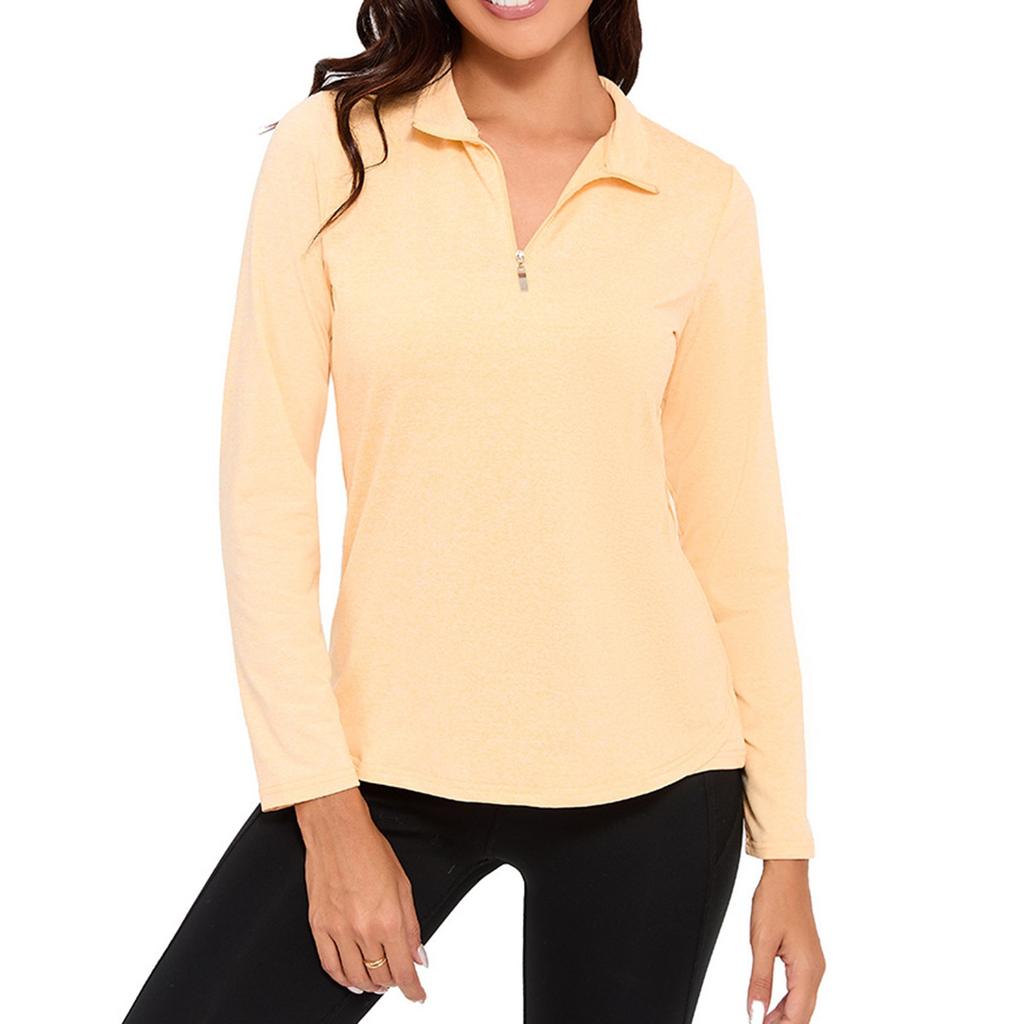 Women's Casual Solid Color Long Sleeve Breathable V-Neck Golf Tennis Running Sweatshirt Zipper Top