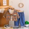 Boys' long sleeved 3-piece set, 0-5-year-old Children's checkered shirt jacket, White T-shirt, Casual denim pants, High-quality clothes
