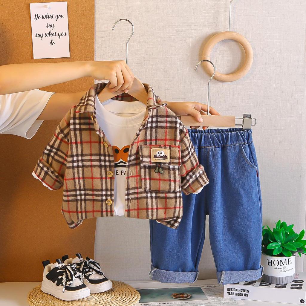 Boys' long sleeved 3-piece set, 0-5-year-old Children's checkered shirt jacket, White T-shirt, Casual denim pants, High-quality clothes