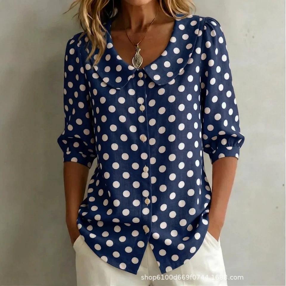 Women's Polka Dot Peter Pan Collar Puff Sleeve Blouse White Black Casual Shirt