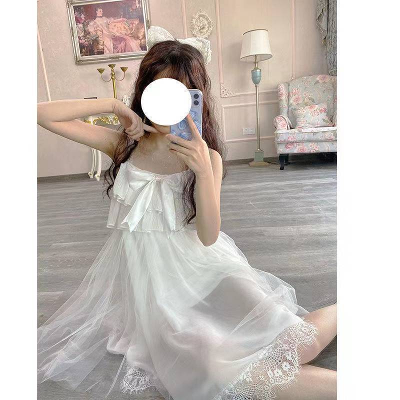 Japanese Sweet Lolita Princess Dress Women Elegant Cute Bow Lace Ruffles Tulle Slip Dress Mesh Kawaii Fairy Party Dresses