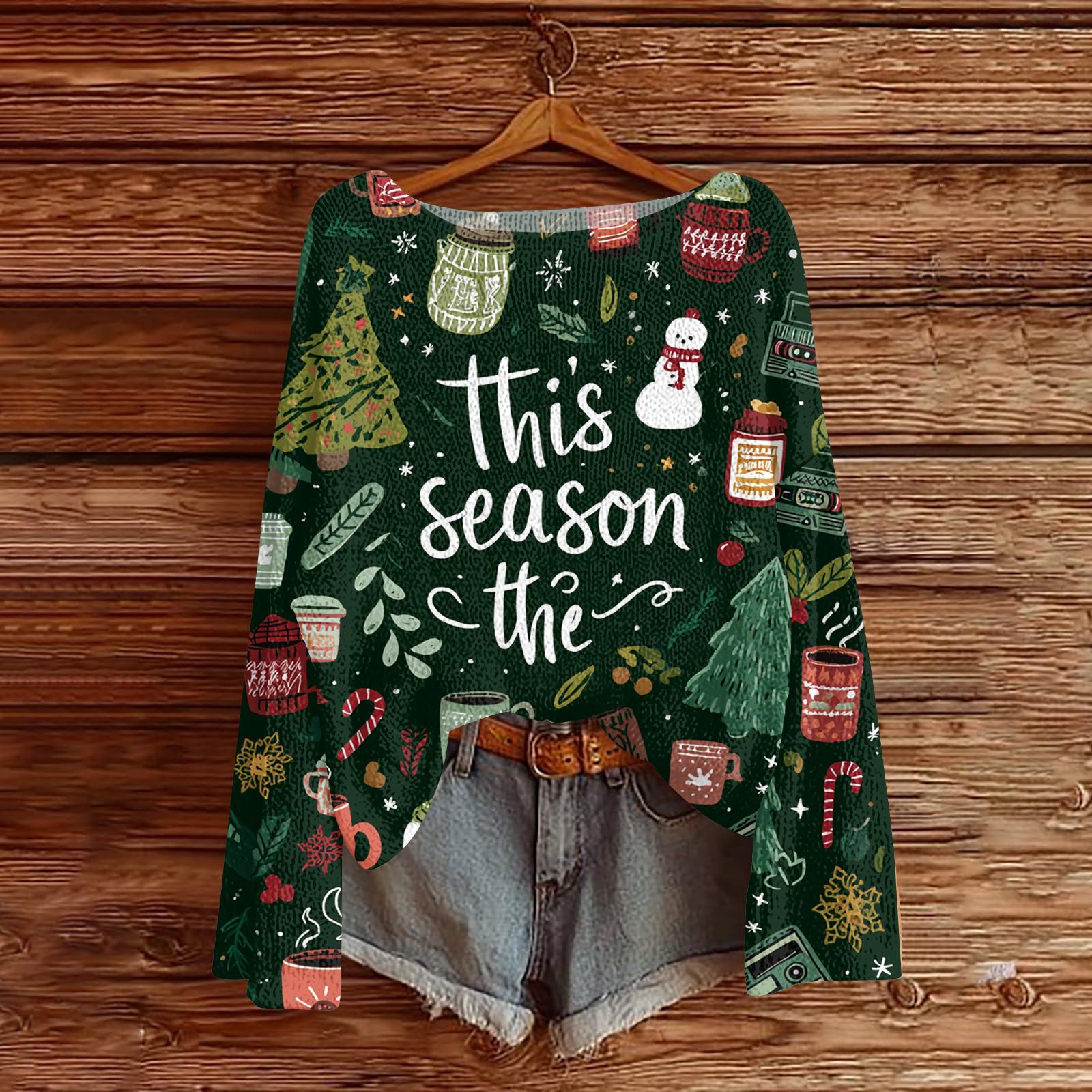 

Женский легкий свитер с круглым вырезом, повседневный вязаный пуловер с длинным рукавом и рождественским принтом L