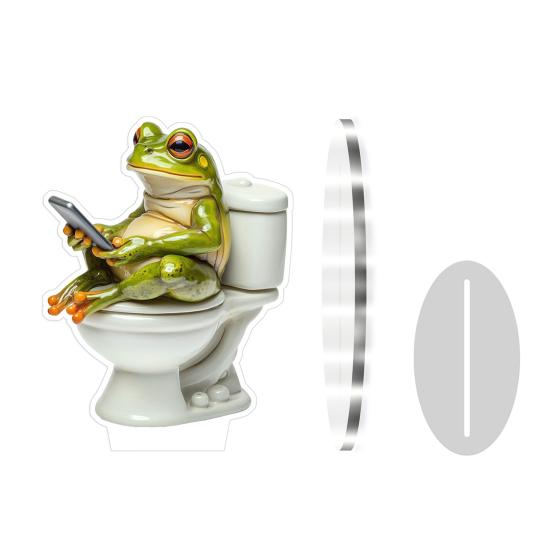 Frosch auf Toilette Acryl-Dekoration, 2D Lustige Badezimmerregal-Figur, Niedliche Zusammengebaute Statue für Schreibtisch Wohnzimmer Büro, Humorvolles Geschenk für Freunde