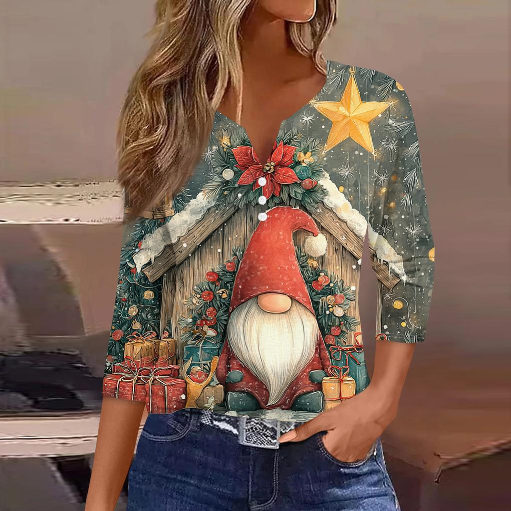 Women's Fashion Casual Christmas Print V-Neck Short Sleeve Decorative Button Three-quarter Sleeve T-shirt Top