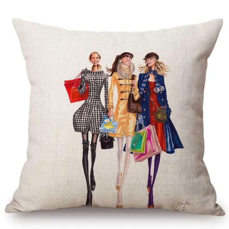 Fashion Lady Design Art Salon Beauty Store Decoration Throw Pillow Case Fashion Magazine Hand Drawing Art Girl Car Cushion Cover