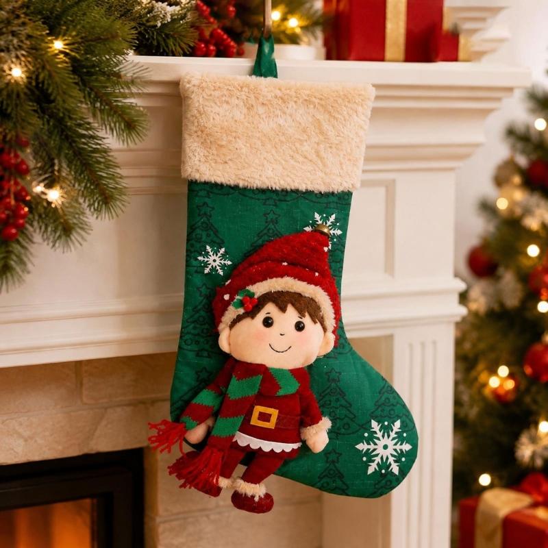 Polyester Christmas Stocking Decoration with Integrated Loop, Raised Holiday Character, Tree Print and Small Bell Feature